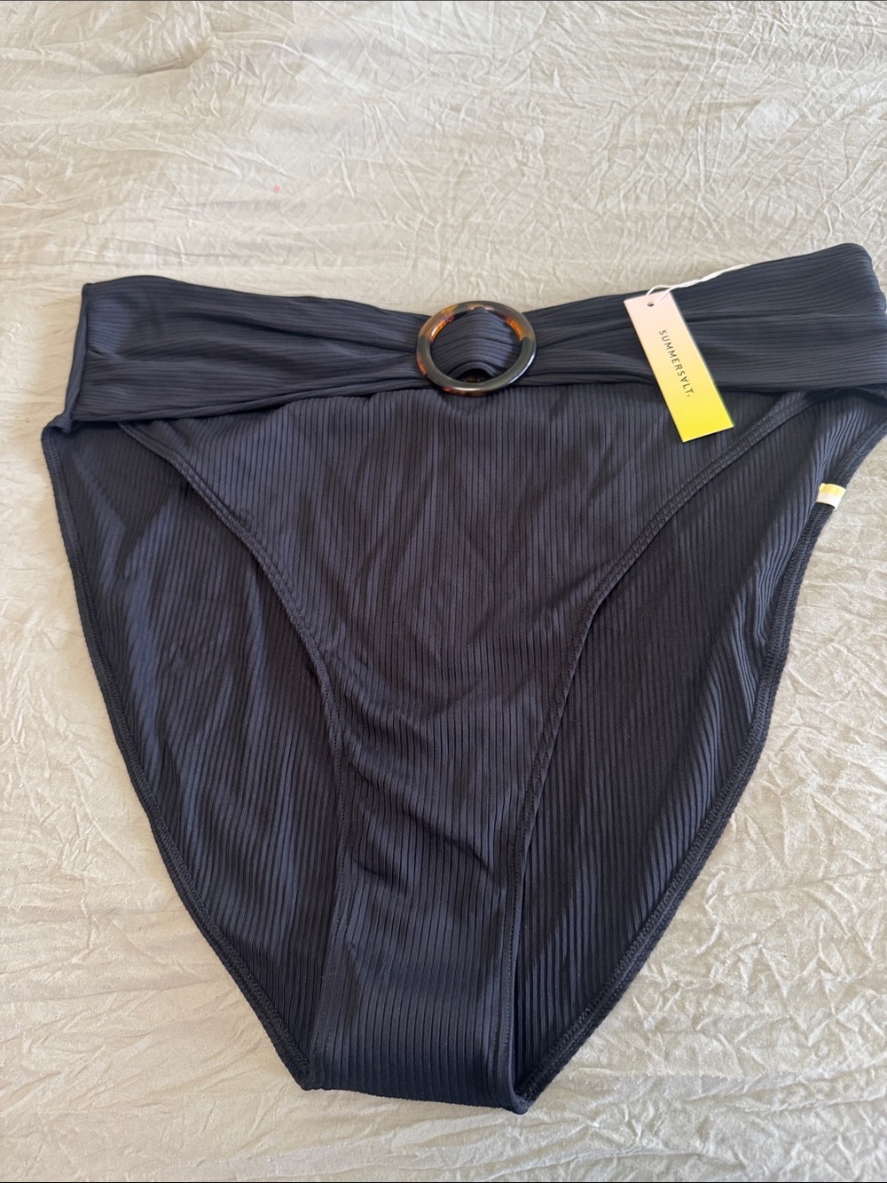 summersalt Black Ribbed High-Waist Bikini Bottom with Tortoiseshell Ring